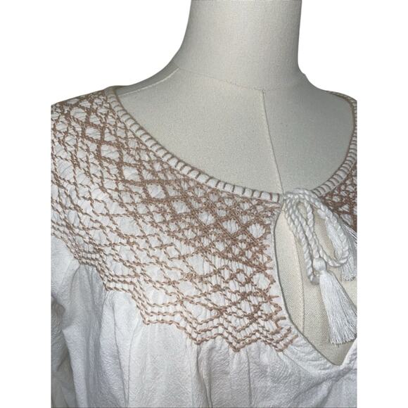 Faherty Small White Tan Peasant Boho 100% Organic Cotton Laura Embroidered Shirt - Picture 2 of 7